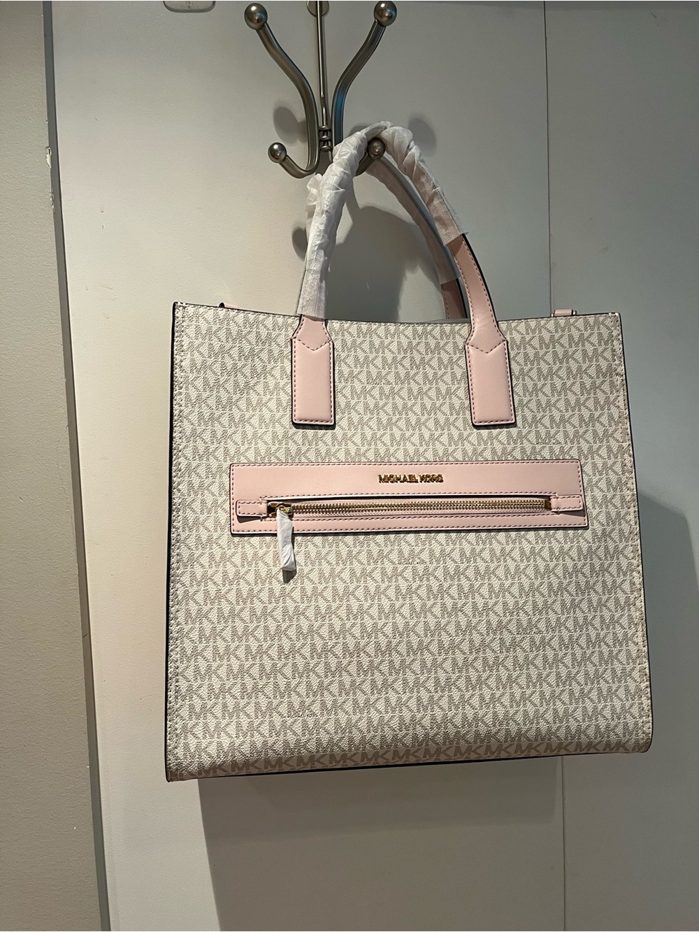 Michael Kors Beige and Pink Logo Tote with Front Zip Pocket